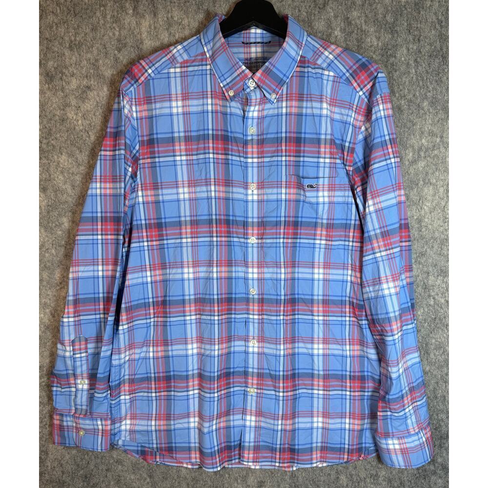 Vineyard Vines Shirt Mens Large Blue Red OTG Performance Plaid Preppy Nylon
